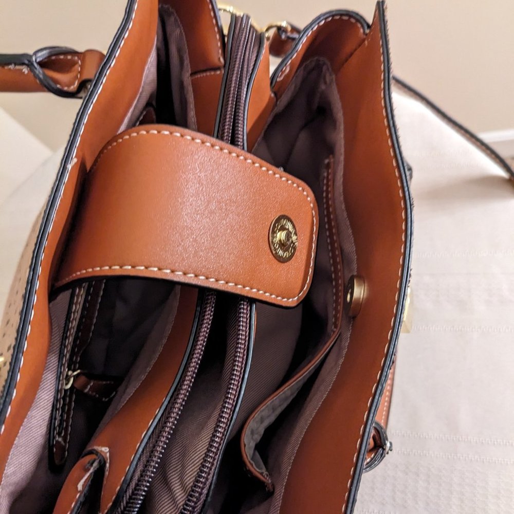 London Fog, Dark Brown Logo Canvas , Kate Satchel Style, Slightly use. - Picture 6 of 12